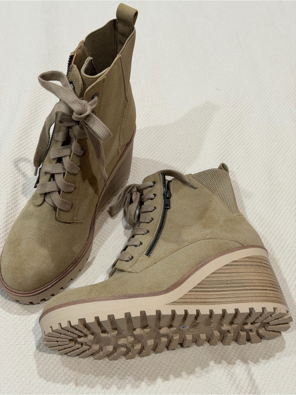 MIA Olive-Tan Lace-Up Wedge Ankle Boots